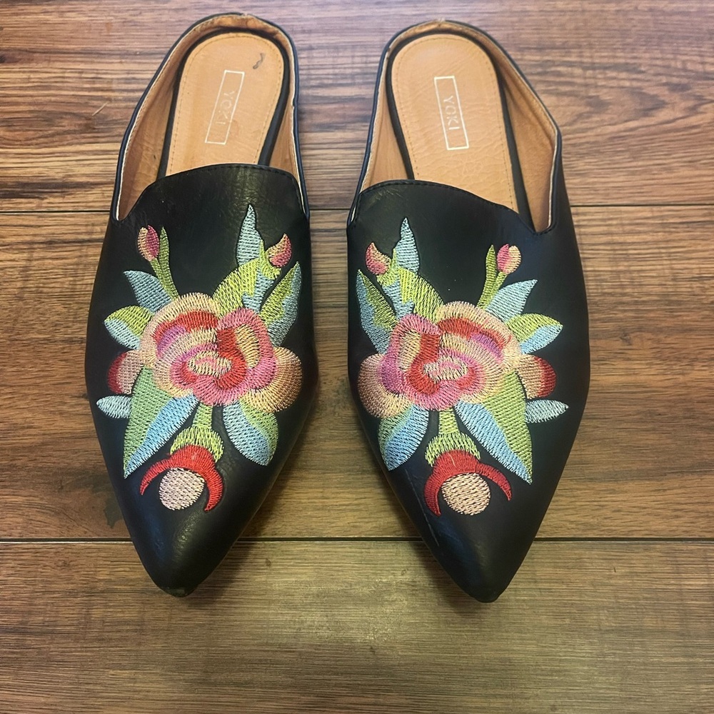Black Mules with Floral Embroidery
